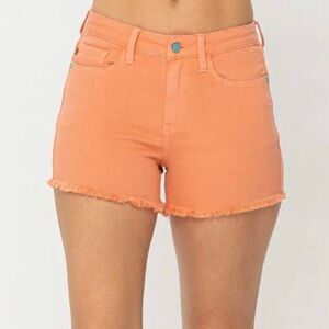 Judy Blue Peach Fray Hem Garment Dyed Midi Mid Rise Stretchy Denim Shorts 2X NWT